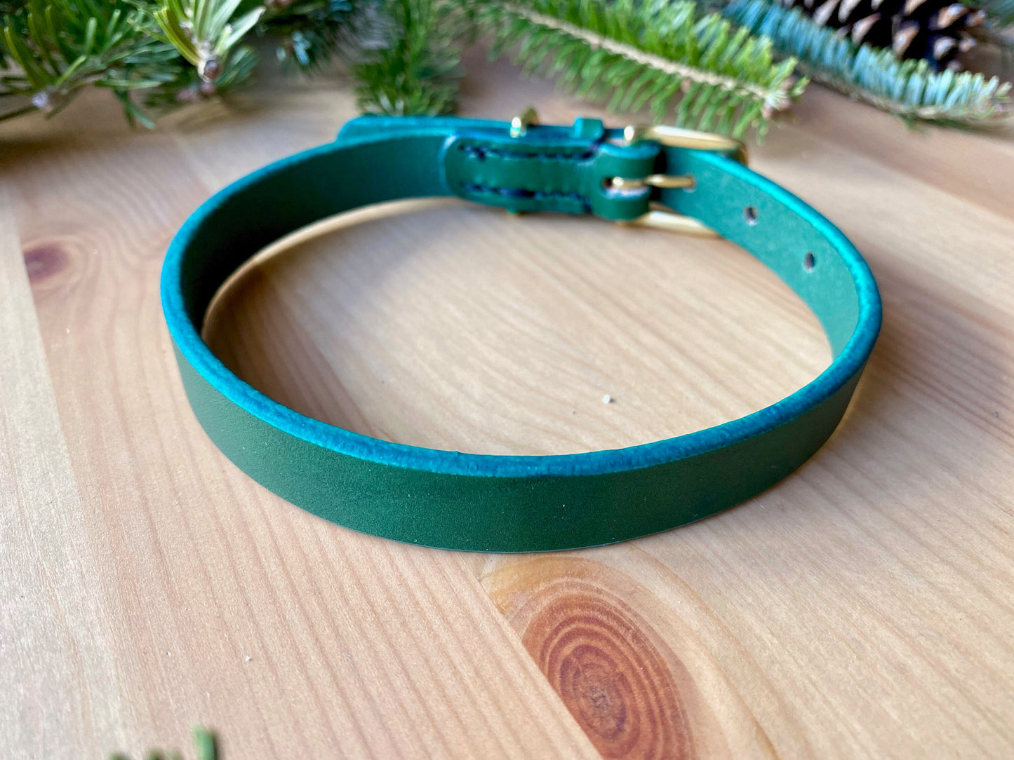 Size 15 Green Leather Dog Collar - Hand-Stitched