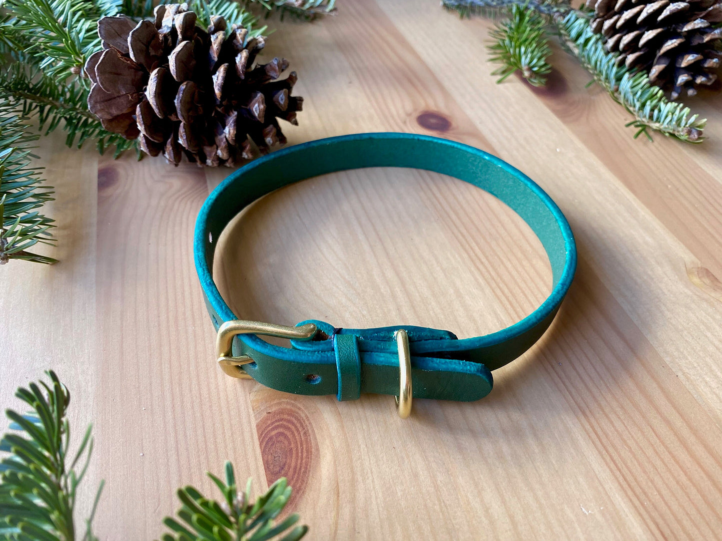 Size 15 Green Leather Dog Collar - Hand-Stitched